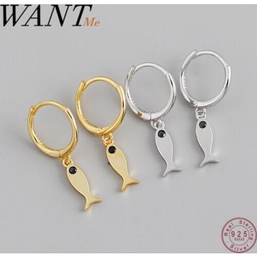 WANTME Real 925 Sterling Silver Minimalist Black Zircon Fashion Chic Fish Stud Earrings for Women Romantic Party Jewelry Gift