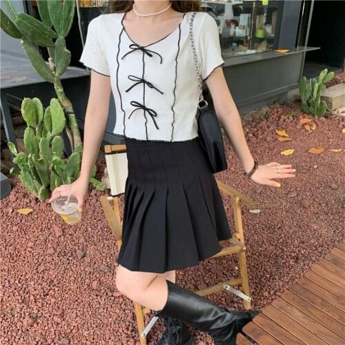 Women Cute Knitted T-shirts Crop Tees Female Cute Tops Sweet O-Neck Solid Casual Ruffles Bowknot T-shirts For Women