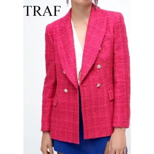 TRAF ZA Womens Jacket Plaid Texture Solid Elegant Lady Coat Double Breasted Blazer Commute Long Sleeve Pockets Female Outerwear