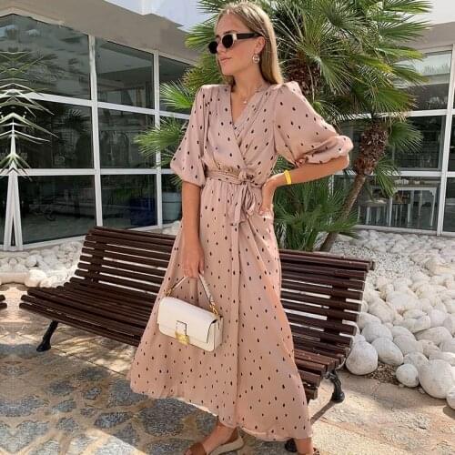 Plus Size Polka Dot Printing Women Robe Dress Elegant Lantern Sleeve Lace Up Fashion Satin Boho Holiday Style Maxi Long Dress
