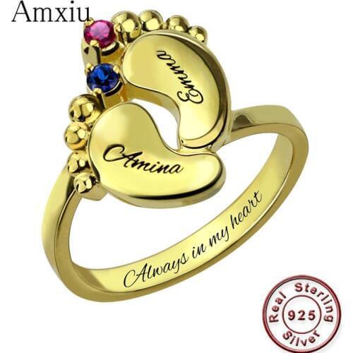 Amxiu 100% 925 Sterling Silver Baby Feet Rings For Women Mother Special Gifts Custom Two Names with Birthstones Ring Accessories
