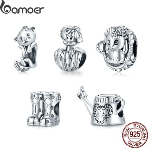 Bamoer 925 Sterling Silver Vintage Watering Pot Charm Pattern Boots Bead Autumn Forest Fox Bead Baby Hedgehog Pumpkin and Mouse