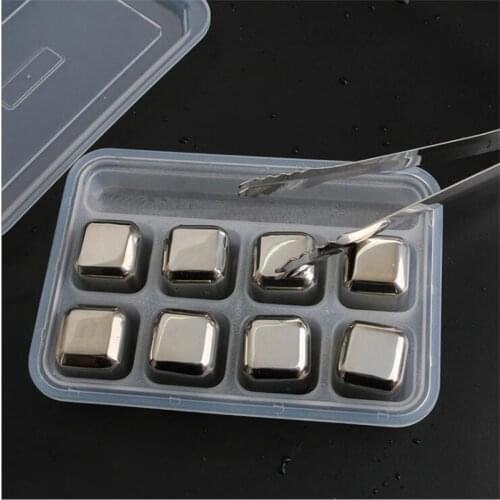 Free Packing Box! Set of 8 with Tong Stainless Steel Bar Wisky Chiller Stones Ice Cube Bar Accessories Home Bars