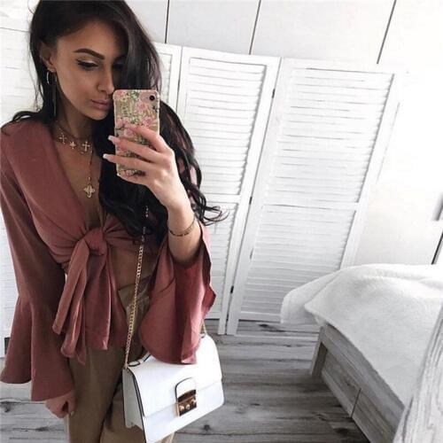 BKLD 2018 Spring Blouse Shirt Women Elegant Flare Sleeve Summer Cardigan Female Sexy Lace Up Top Casual Long Sleeve Tops Blusa