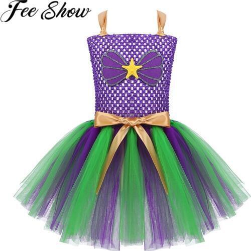 Kids Girls Cartoon Cosplay Dress Handmade Sleeveless Scallop Applique Mesh Tutu Dress for Halloween Party Costume Dress Up