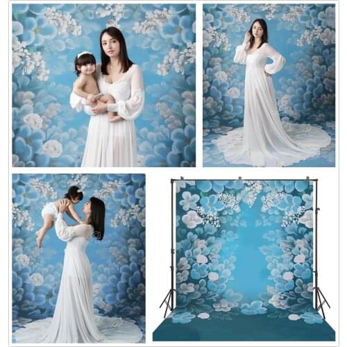 Photography Backdrop Oil Painting Blue Flowers Floral Photo Background Studio Portraits Newborns Pregnant Maternity Shoot Props