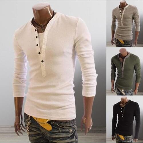 Men Tee Shirt V-neck Long Sleeve Tee&Tops Stylish Slim Casual Autumn Long Sleeve Fake Two Piece Single-breasted Shirt T-shirt To