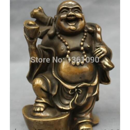 Chinese Bronze Copper Wealth YuanBao Bag Happy Laughing Maitreya Buddha Statue