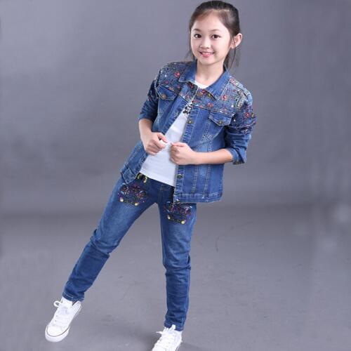 2016 Fashion Clothing Sets Denim Winter Jacket +Jean Pant 2 Piece Set Children Jeans For Girls Kids Clothes