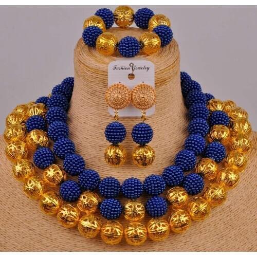 Royal blue and gold african beads jewelry set costume necklace women nigerian traditional wedding set ZZ22