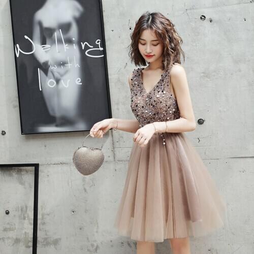 Short summer lace beads fairy coffee sweet lady girl women princess bridesmaid banquet party performace singing dress gown