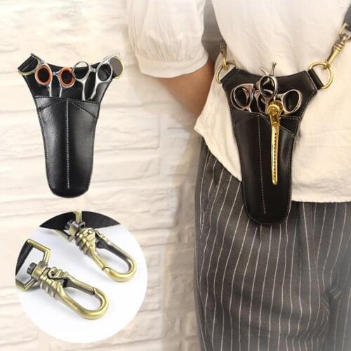 Leather Rivet Hair Scissor Bag Clips Bag Hairdressing Barber Scissor Holster Pouch Holder Case with Waist Shoulder Belt Black