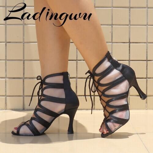 Ladingwu Ladies Latin Ballroom Dance Shoes Black Multicolor Satin and Mesh Latino Dancing Shoes for Children Salsa Dance Shoes