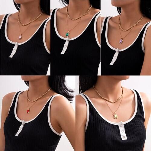 Fashion Multilevel Gold Rope-shaped Chain Colorful Crystal Inlaid Rectangular Pendant Necklaces For Women Vintage Female Jewelry