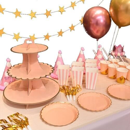 Disposable Pink Tableware Set Girls Favor Birthday Baby Shower Party Cup Plate Napkin Popcorn Box Supplies