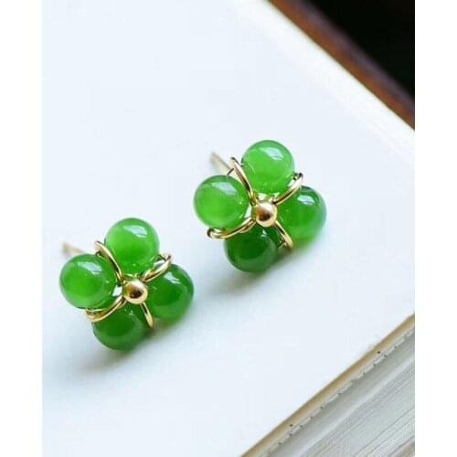 New silver inlaid natural hetian jade jasper clover small round bead earrings Chinese elegant womens brand jewelry