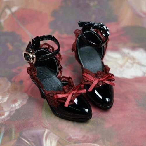 BJD doll shoes suitable for 1-3 size red lace buckle pointed high heels black doll accessories