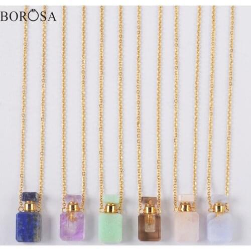 Rectangle Natural Stone Perfume Bottle Gold Necklace Women Amethysts Lapis Agates Essential Oil Diffuser Necklace Jewelry WX1753