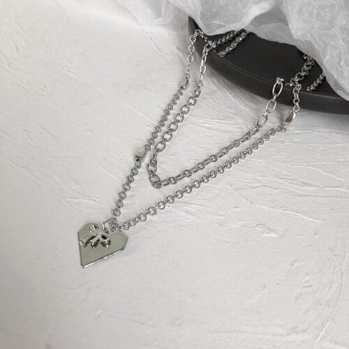 Origin Summer Metal Love Heart Bow-knot Pendant Necklace for Women Girls Double Layer Silver Color Chunky Chain Necklace Jewelry
