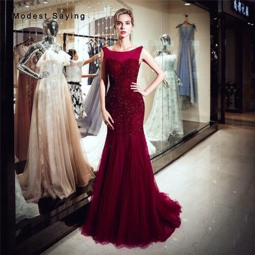 Luxury Dark Red Mermaid Boat Neck Evening Dresses 2019 with Dense Beading Formal Backless Sparkly Engagement Party Prom Gowns