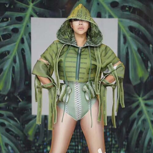 Sexy Green Military Uniform Costume Spandex Leotard Jacket Nightclub Outfit Women Singer Dance Prom Bodysuit Set DN1557