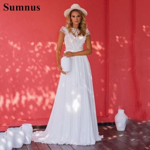 Sumnus 2021 Boho Wedding Dress O neck Short Sleeves 3D Lace Appliques Beach Bridal Dress Custom Made Wedding Gowns