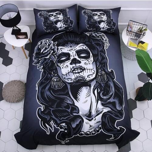 WUJIE 9 Styles Skull Rose Pattern Bedding Set Halloween Quilt Cover with Pillow Cases Twin/Queen/King Duvet Sets (No Flat Sheet)