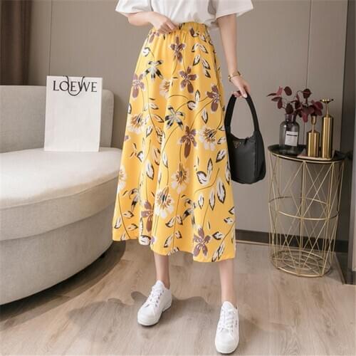 Summer Floral Printed Chiffon Womens Skirt Korean High Waist A-line Long Skirts Female 2020 Ladies Bohemian Beach Skirt Y208