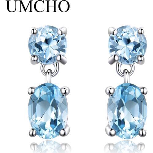 UMCHO Pure 925 Sterling Silver Drop Earrings For Women Oval Faceted Sky Blue Topaz Gemstone Earrings Christmas Gift Fine Jewelry