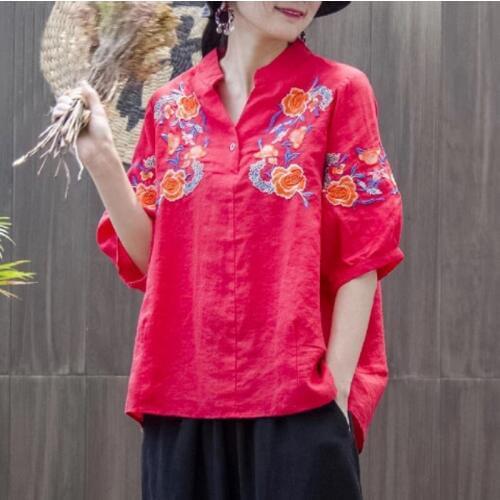 Plus size Women Tops And Blouses 2019 Casual Loose Embroidered Blouse Shirts For Female White Cotton Linen Puff sleeve
