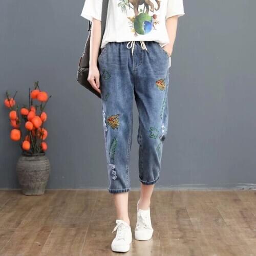 M-3XL Vintage Embroidered Blue Jeans Womens Slim 8/10 Denim Pants
