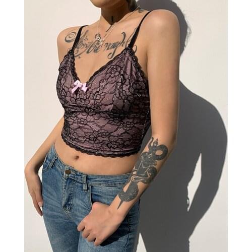 Purple Lace Goth Aesthetic Cami Crop Top Patchwork Trim Vintage E Girl Vintage Kawaii Clothes Lace Up Bow Tanks Summer Y2K Tops