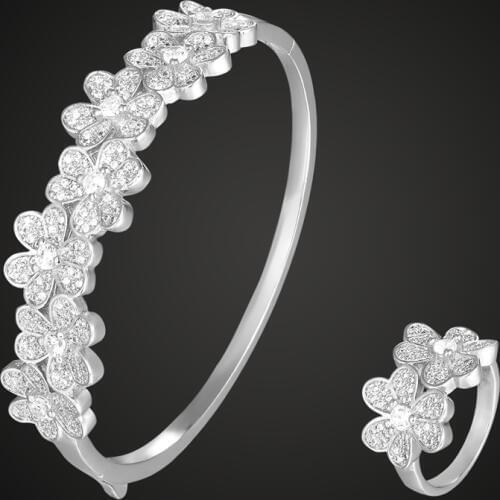 Zlxgirl Gold and silver color full micro pave setting zircon loves bangle with ring set classic Wedding flower shape bangle set