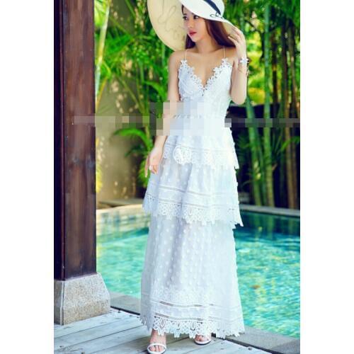 Free Shipping 2016 Summer New Arrival Cross Backless V Collar Lace Brace Chiffon Long Dress White