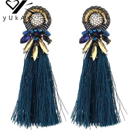 YUKAM Bohemian Ethnic Long Cotton Tassels Earrings Baroque Crystal Dangle Drop Earrings for Women Wreath Tassle Earrings Jewelry