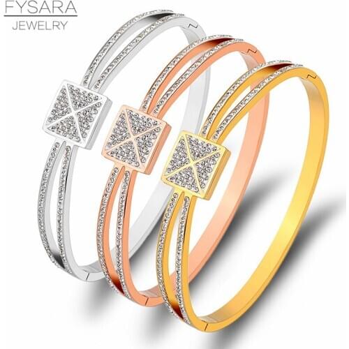 FYSARA Ring Design Full Crystals Bracelet Titanium Steel Jewelry Gold Bangles For Women Rhinestone Bracelets Wedding Engagement