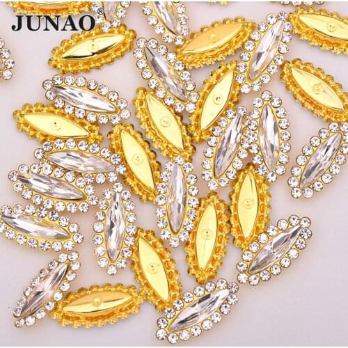 JUNAO 30pcs 4*15mm Sewn Clear Glass Crystal Sewing Claw Rhinestone With Setting Gold Claw Glass Strass Diamond for Wedding Dress