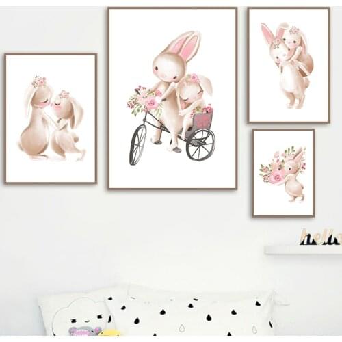 Bunny Rabbit Flower Animal Nursery Nordic Posters And Prints Wall Art Canvas Painting Wall Pictures Baby Child Kids Room Decor