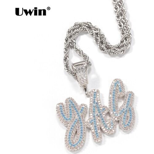 Uwin Customized Name Necklace Double Layer Cursive Script Bule/White CZ Letters Pendant Iced Out Pendant Drop Shipping