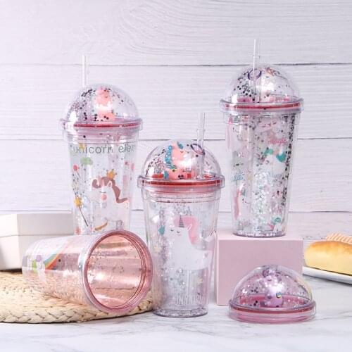 Cartoon Ready Plastic Water Cup Double Cooling Juice Summer Ice Cup Creative Valentines Day Gift Cup Coffee Milk Cup Straw Cup