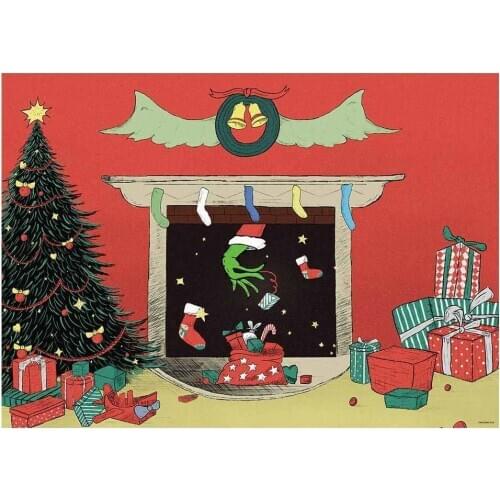 Cartoon Christmas Backdrop Fireplace Stole Christmas Winter Photography Background Santa Pine Tree Baby Shower Party Decoration