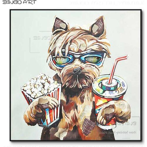 New Painting Hand-painted Dog with Cola and Popcorn Oil Painting on Canvas Funny Design Dog Oil Painting for Wall Art Decoration