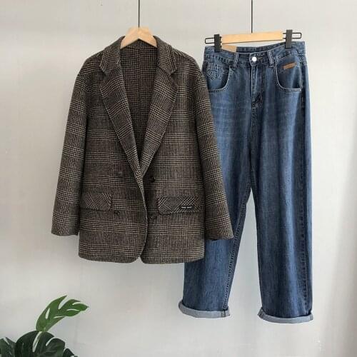 2021 Autumn Winter New Retro Korean Version Of Double-sided Cashmere Loose Plaid Suit Temperament Was Thin Woolen Coat Women