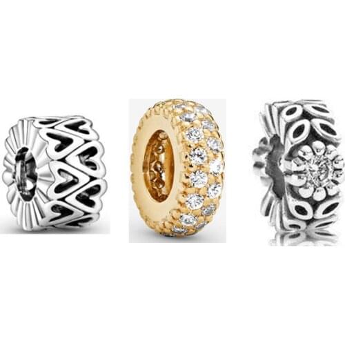 NEW 2020 100% 925 Sterling Silver Gold Heart Bead Spacer Charm Clear CZ Fit DIY Women Original Bracelet Fashion Jewelry Gift