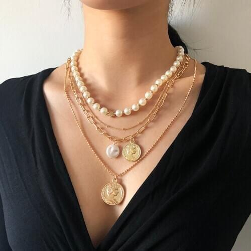 Lalynnly Simulated Pearl Carvd Coin Pendant Choker Necklace For Women Girls Bohemian Necklaces Statement Trendy Jewelry N8139