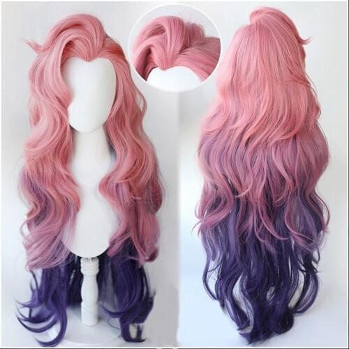 DIOCOS LoL KDA Seraphine Cosplay Wig Women Loose Wave Straight Pink Mixed Purple Wigs Heat Resistant Synthetic Hair