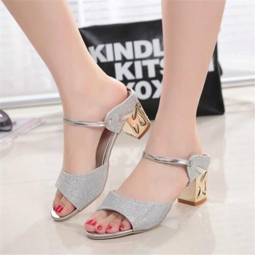 2020 Women Open Toe Sandals Summer Fashion Bling Shoes Woman Thick Heel Slippers Sexy Hollow Sandals for Women Gold Silver