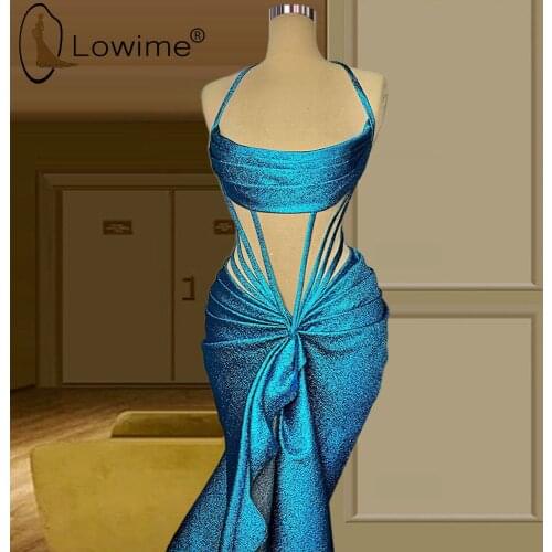 Blue Halter Neck Mermaid Evening Dresses for Women 2021 Sexy Ruched Long Party Gowns Simple robe de bal