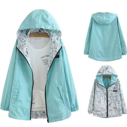 Women Two Side Wear Windbreaker Jackets Spring Autumn Hooded Zipper Loose Cartoon Print Outwear Female Coat RE2277