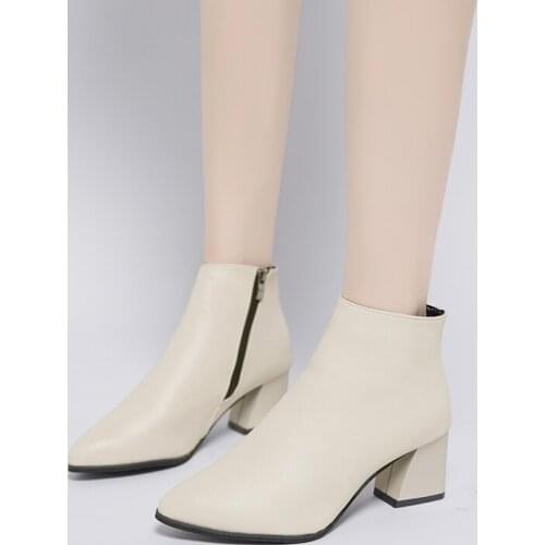 2021 New Fashion Leather Ankle Boots Women Thick High Heels Zipper Pointed Toe Autumn Winter Woman Shoes Square Heel White Black